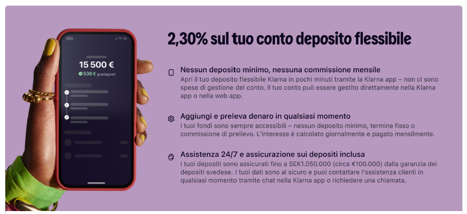 Conto deposito flessibile Klarna al 2,30% senza commissioni