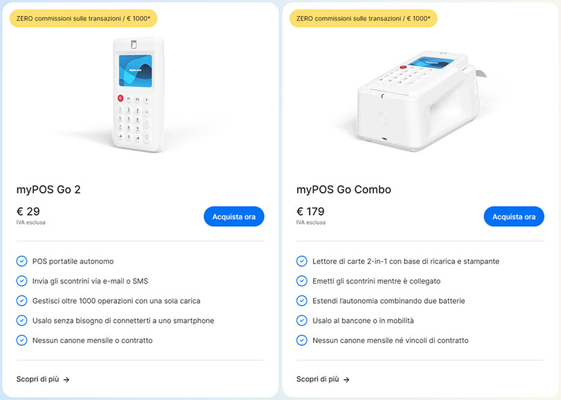 I terminali myPOS Go 2 e myPOS Go Combo a zero commissioni