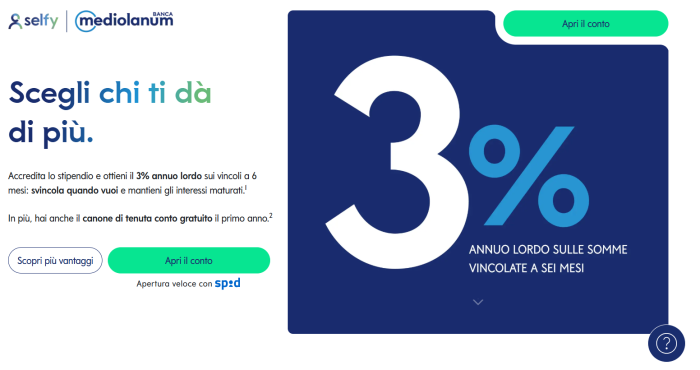 SelfyConto Mediolanum 3% rendimento conto online